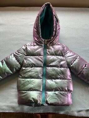 Disney Frozen Elsa Iridescent Puffer Jacket 3T - Sequin Snowflake Hood (EUC)